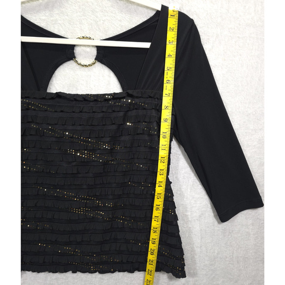 I.N. Studio Gold Embellished Top Ruffled Square Neck Woman SP Black Festive Glam - Picture 5 of 13